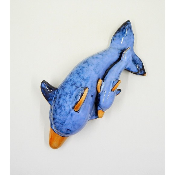 Pottery Ceramic Drip Glazed Blue Dolphin Momma and Baby Nautical Figurine Statue - Picture 6 of 6